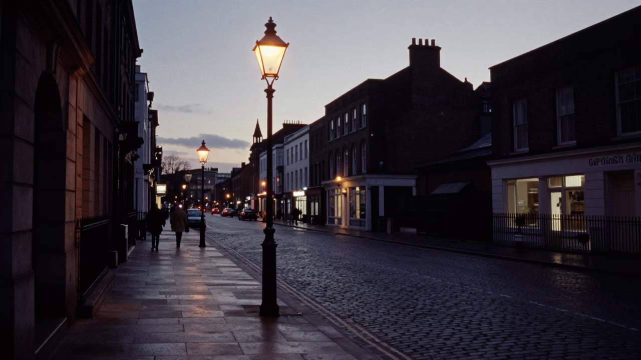 Liverpool Twilight Street Scene with Gas Lamp and Urban Fog in in Liverpool, United Kingdom