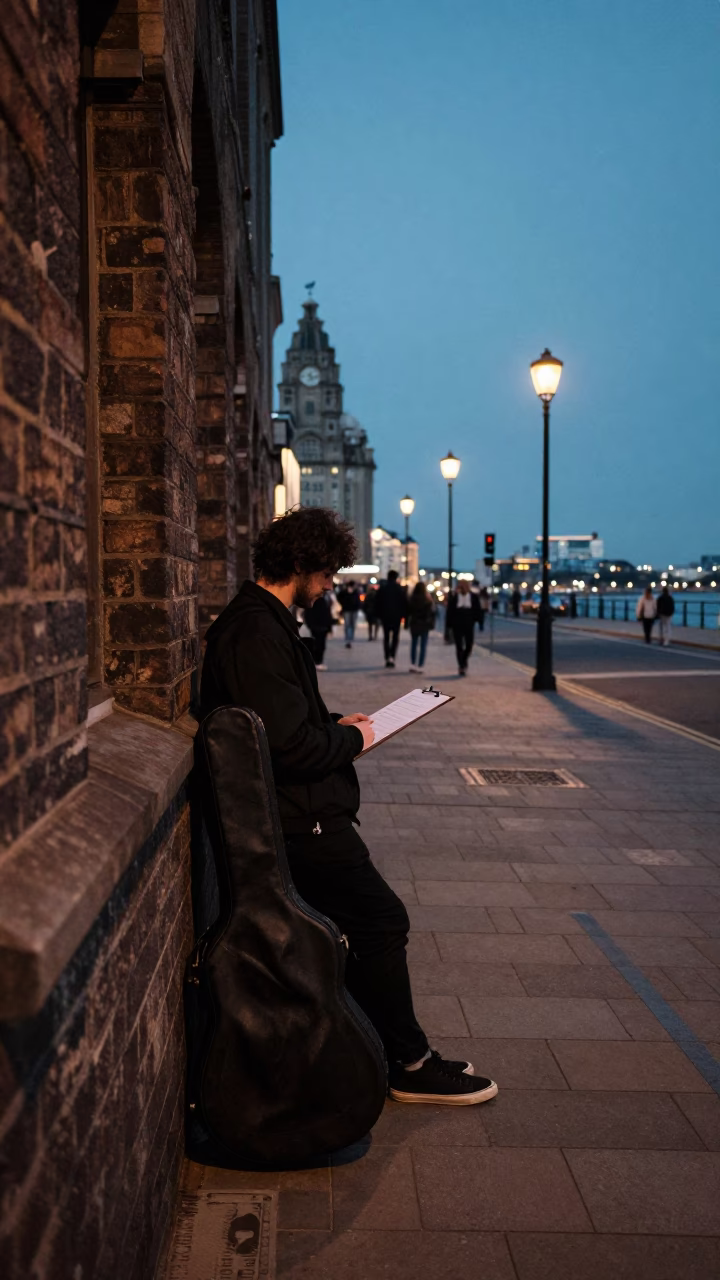 Liverpool Twilight Street Scene with Guitar Case and Clipboard Near Waterfront in in Liverpool, United Kingdom
