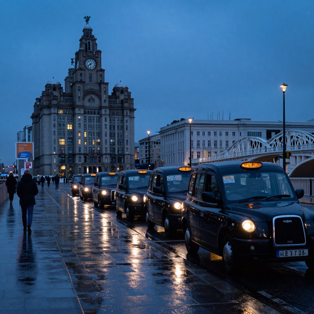 Liverpool Twilight Street Scene with Taxi Rank and Bridge Maintenance Cradle Over River in in Liverpool, United Kingdom