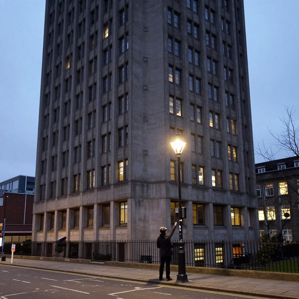 Liverpool UK 1970s dusk brutalist concrete university tower exterior with lamplighter and street scene in in Liverpool, United Kingdom