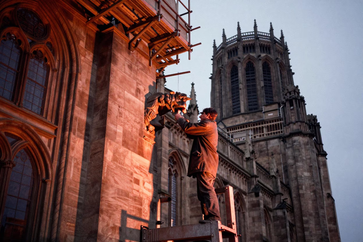 Liverpool UK before dusk copper light stonemason chiseling cathedral gargoyle scaffold detail in in Liverpool, United Kingdom