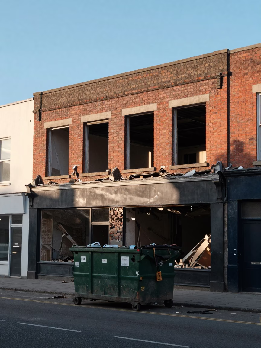 Liverpool UK Late Afternoon Street Scene Demolition Dumpster and Gutted Storefront Facade in in Liverpool, United Kingdom