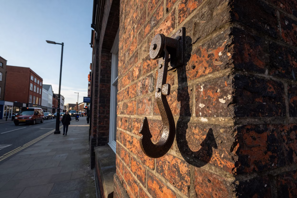 Liverpool UK Late Afternoon Street Scene with Iron Hook and Rust Plate Detail in in Liverpool, United Kingdom