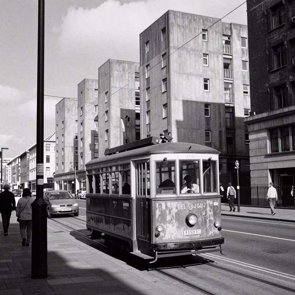 Liverpool UK Midday Street Scene with Old Trolley and Concrete Apartment Blocks in in Liverpool, United Kingdom