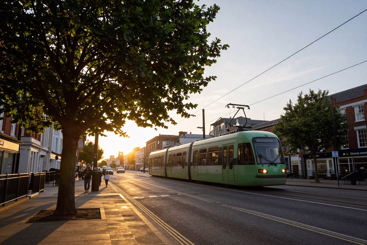 Liverpool UK Sunset Street Scene with Monorail and Tree in in Liverpool, United Kingdom
