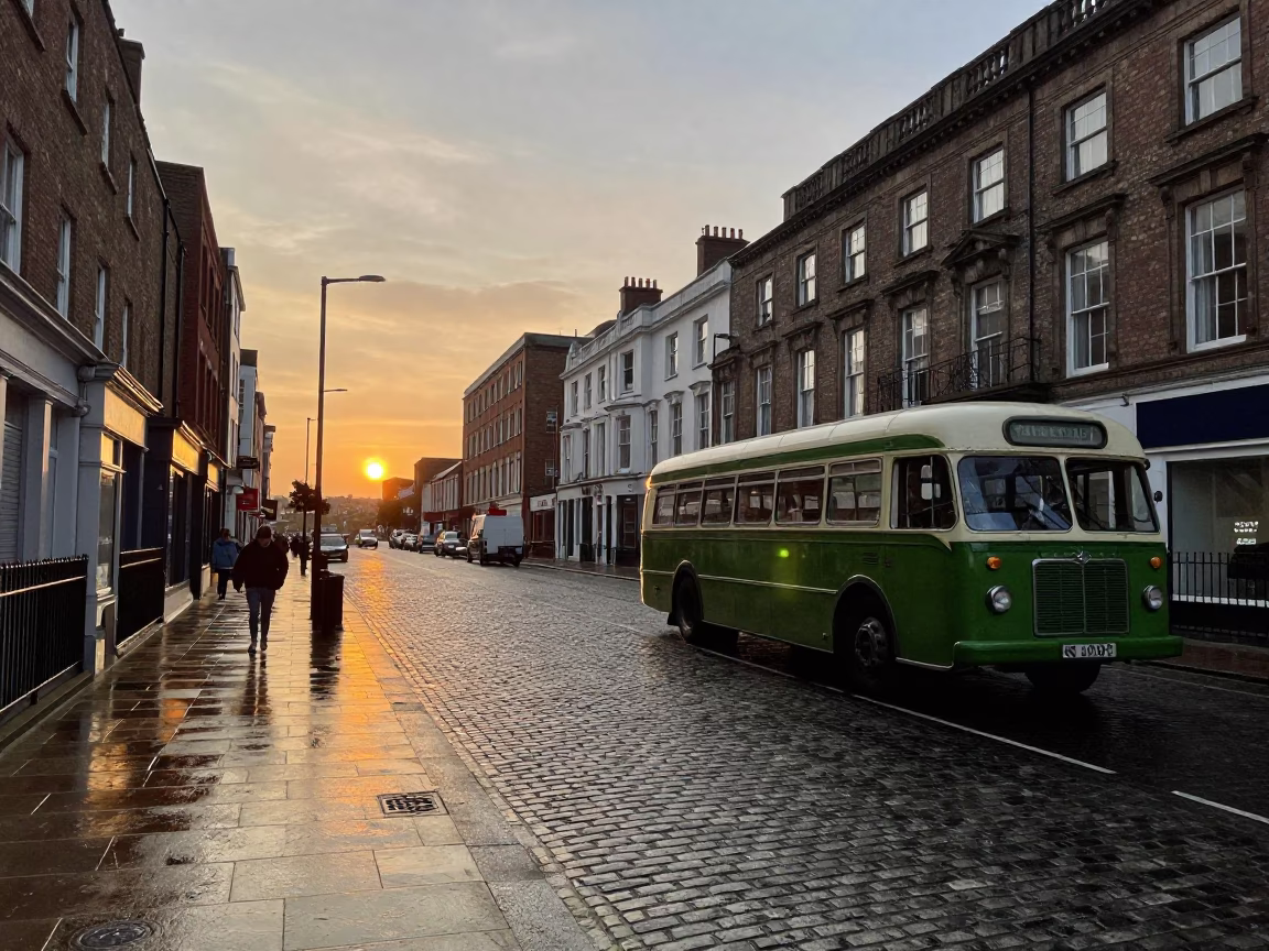 Liverpool UK Sunset Street Scene with Vintage 1950s Aesthetic and Urban Details in in Liverpool, United Kingdom