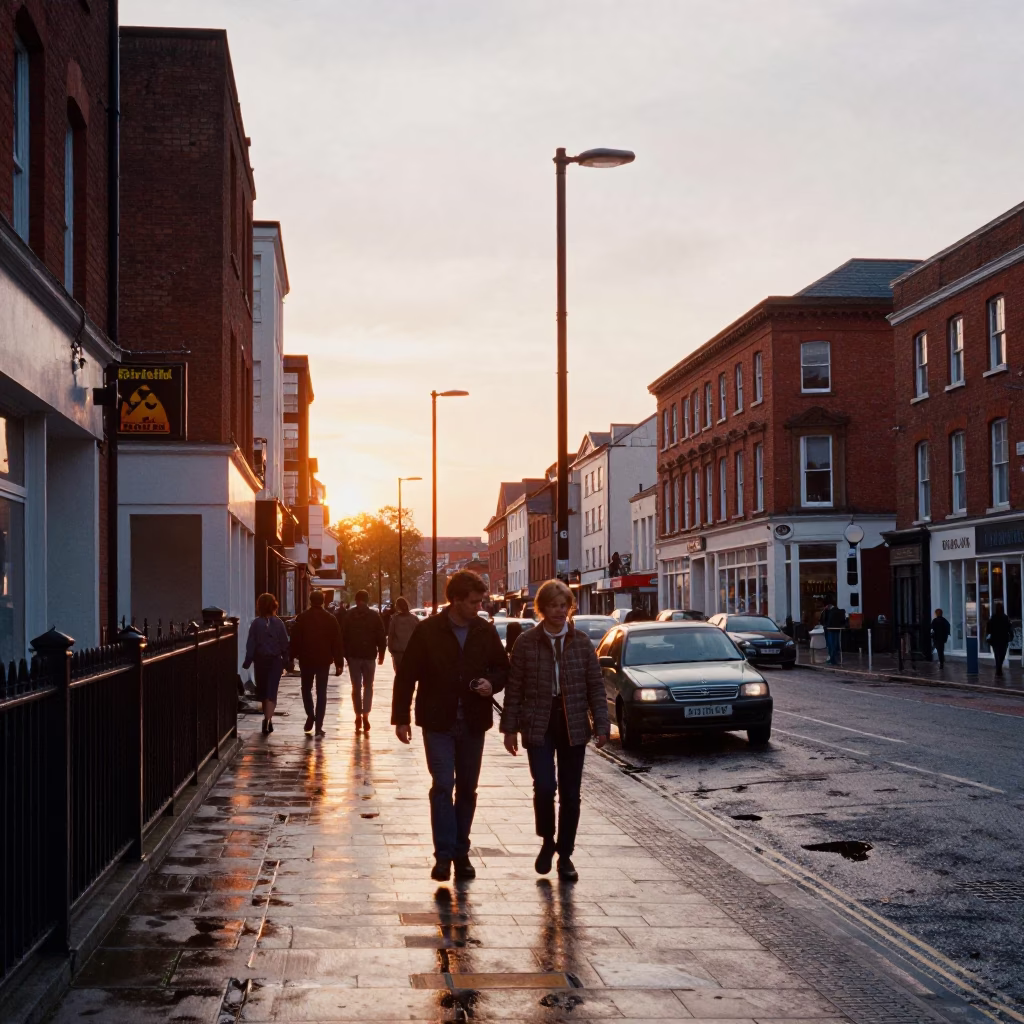 Liverpool UK Sunset Street Scene with Vintage 1970s Atmosphere and Local Architecture in in Liverpool, United Kingdom