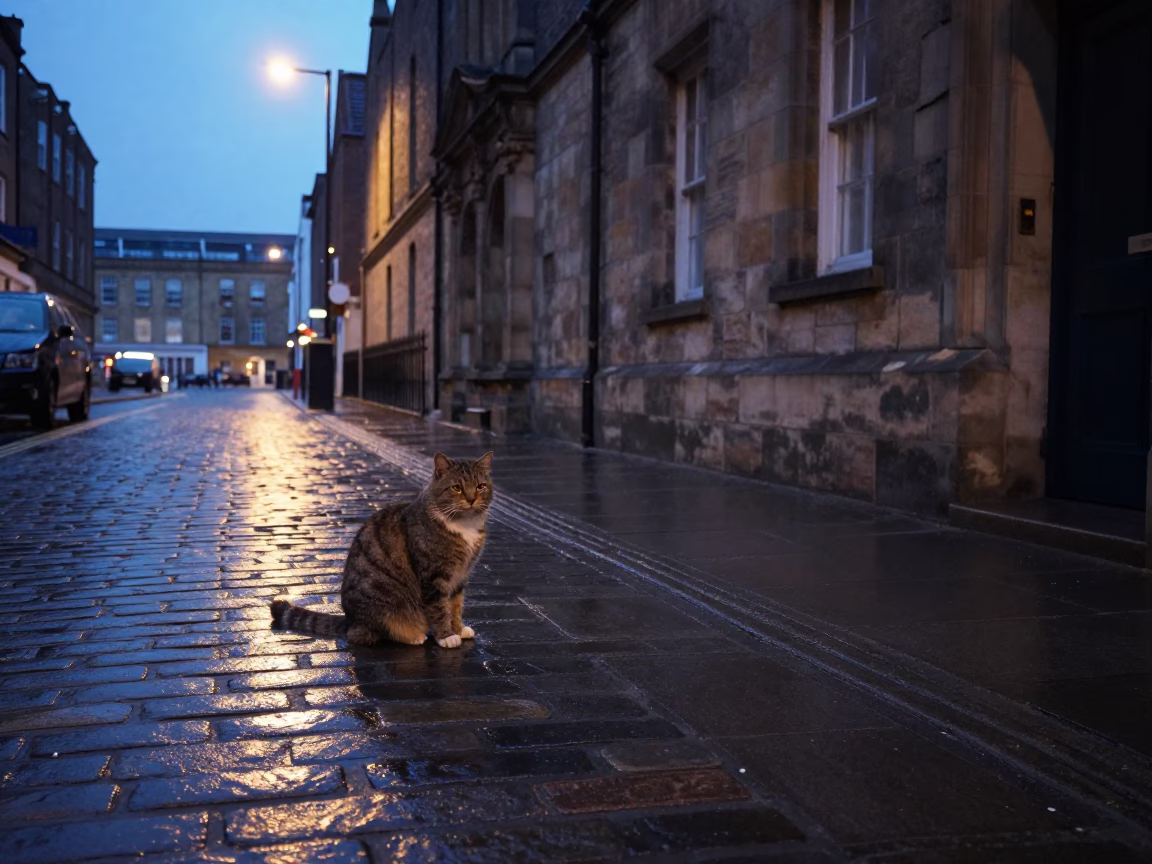 Liverpool UK Twilight Street Scene with Chartreux Cat and Local Architecture in in Liverpool, United Kingdom