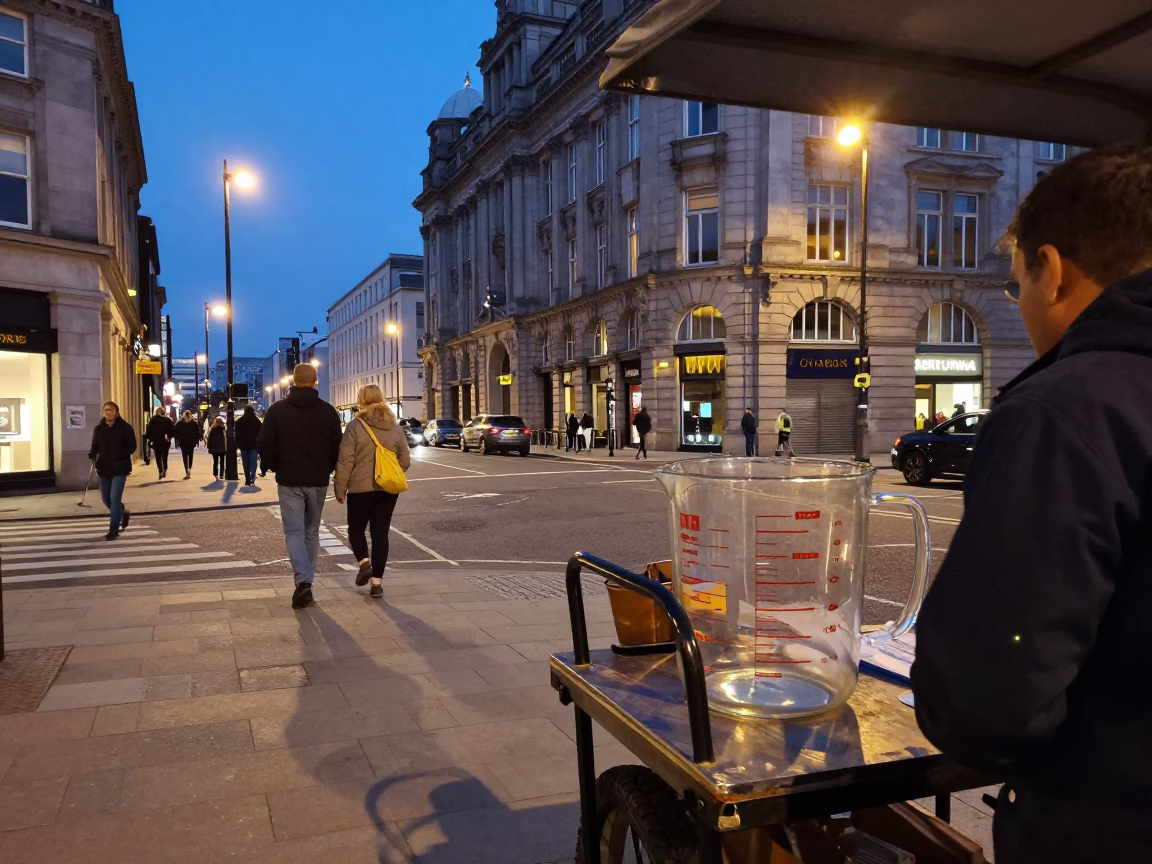 Liverpool UK Twilight Street Scene with Measuring Cup and Pears in in Liverpool, United Kingdom