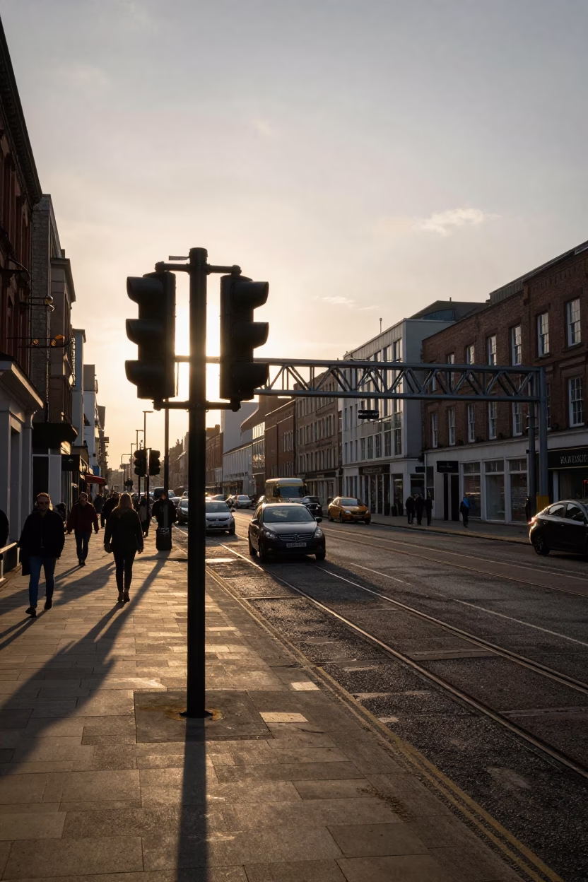 Liverpool United Kingdom Evening Street Scene with Signal Gantry and Urban Activity in in Liverpool, United Kingdom