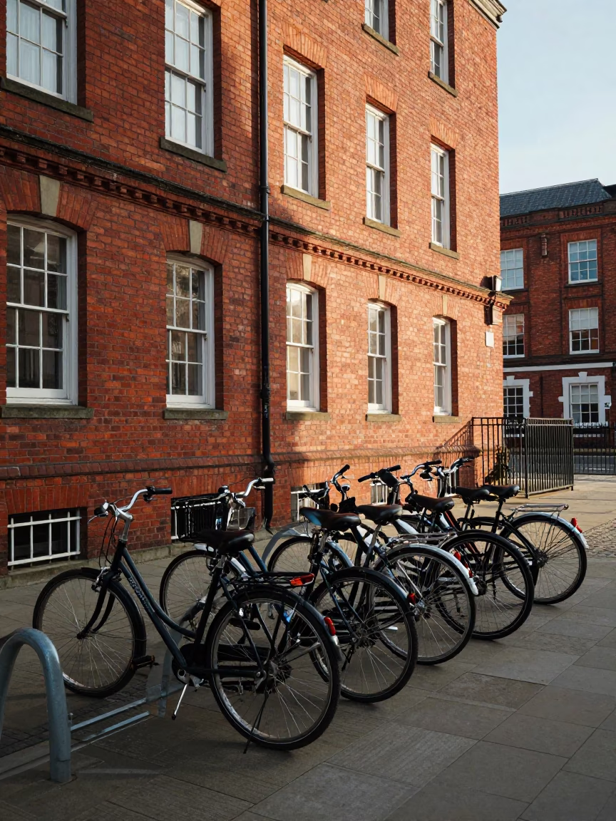 Liverpool United Kingdom Late Morning Campus Bicycle Rack Outside Red Brick Lecture Building in in Liverpool, United Kingdom