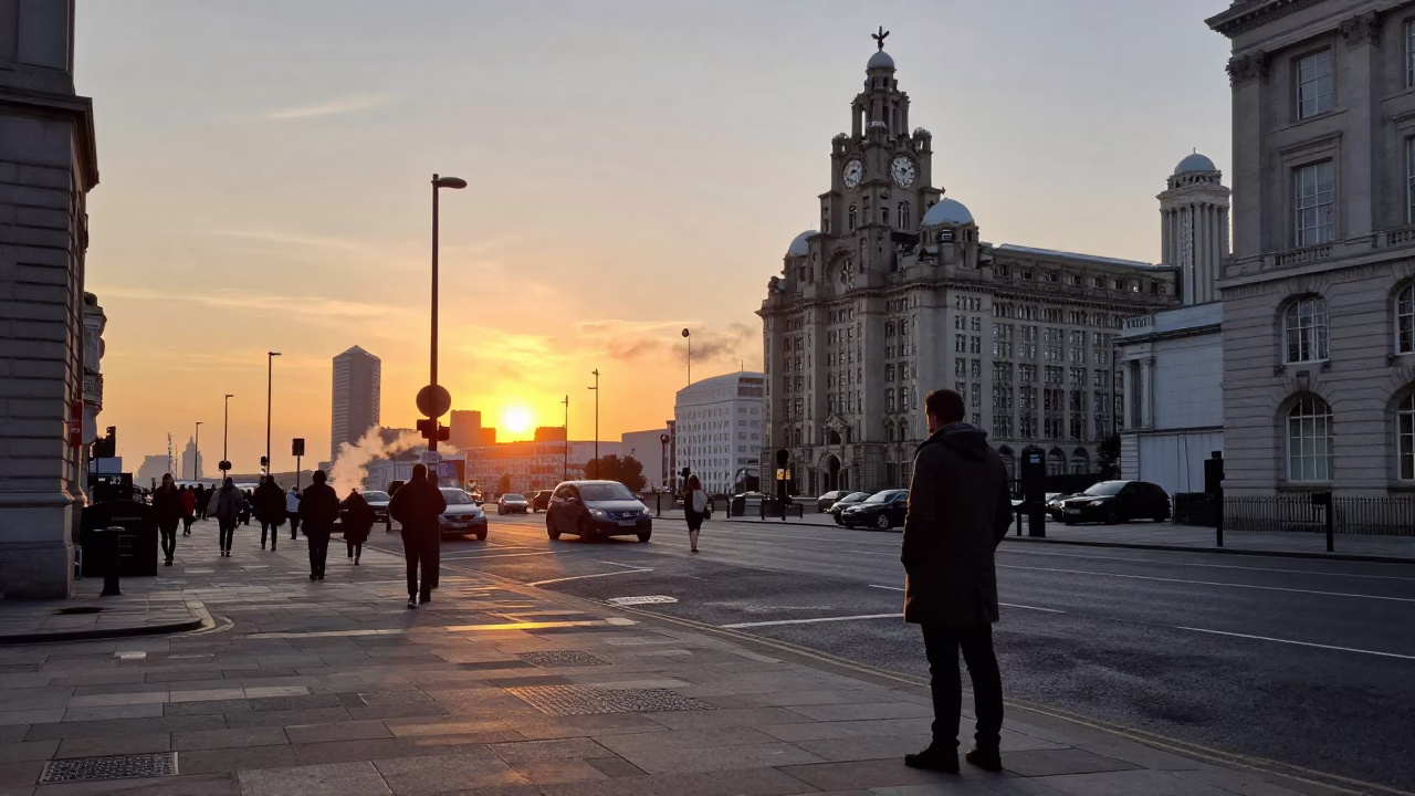 Liverpool United Kingdom Street Scene at Sunset with Steam and Urban Life in in Liverpool, United Kingdom