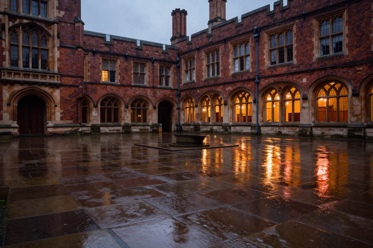 Liverpool University Cloister Wet Flagstones Copper Dusk Rain Reflections in in Liverpool, United Kingdom