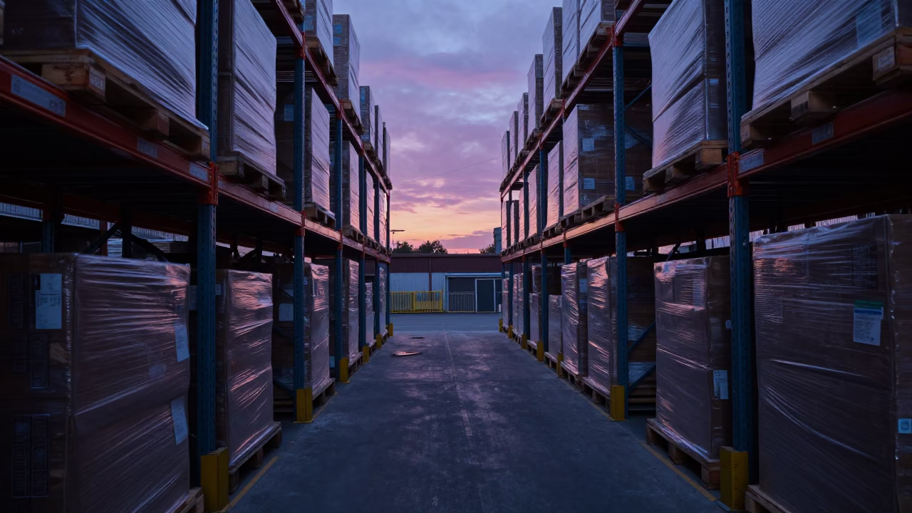 Liverpool Warehouse Aisle with Stacked Pallets in Indigo Twilight in in Liverpool, United Kingdom
