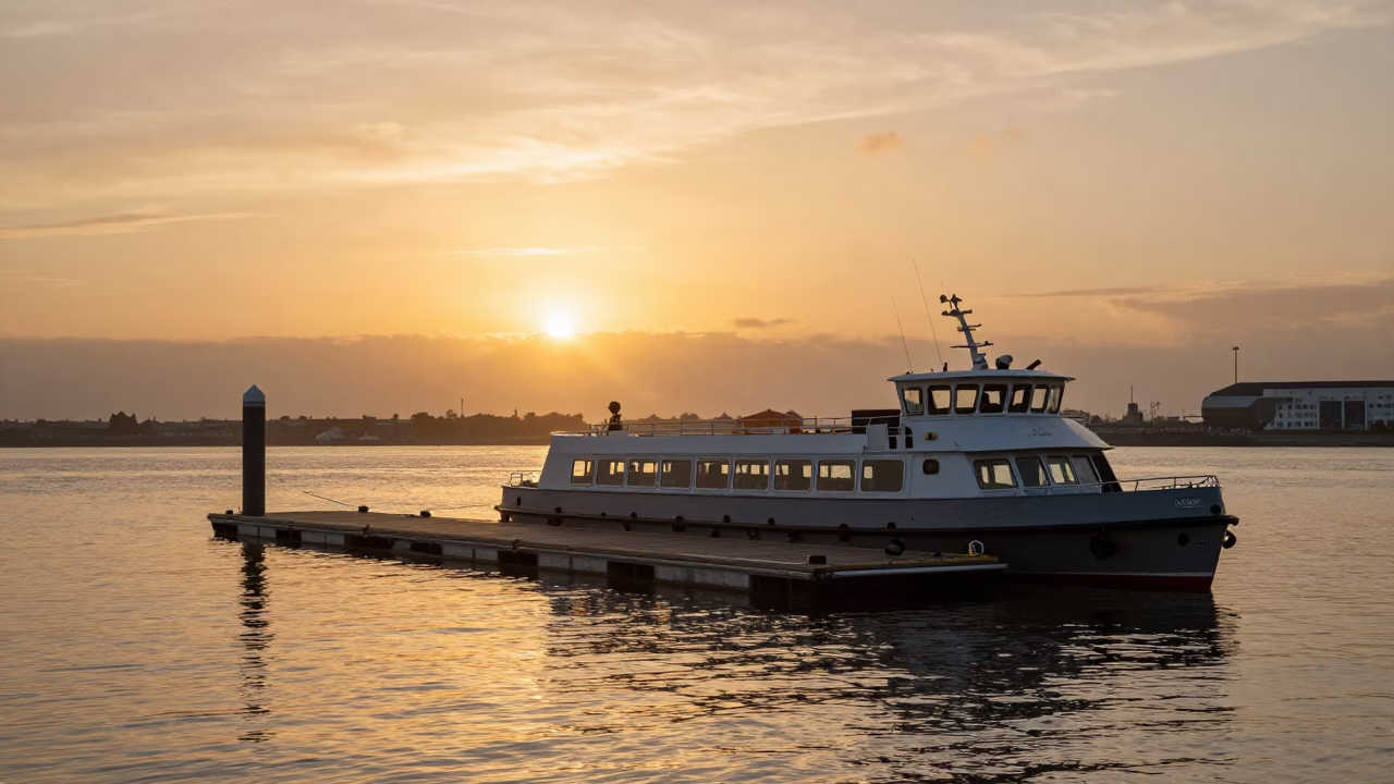 Liverpool Water Taxi at Floating Dock During Sunset Golden Hour in in Liverpool, United Kingdom