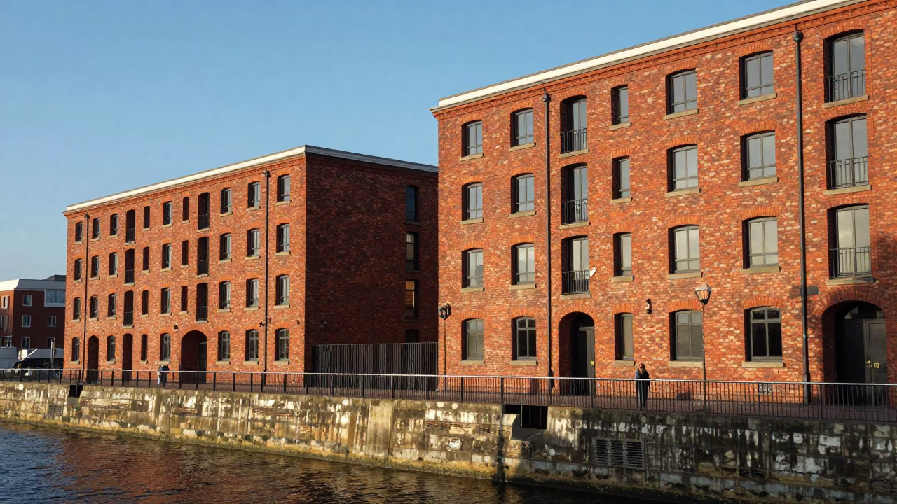 Liverpool waterfront afternoon scene with red brick architecture and clear late-afternoon light in in Liverpool, United Kingdom