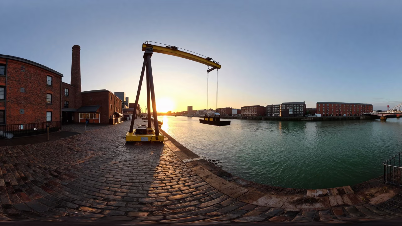 Liverpool waterfront at dusk with bridge maintenance cradle and harbor activity in in Liverpool, United Kingdom