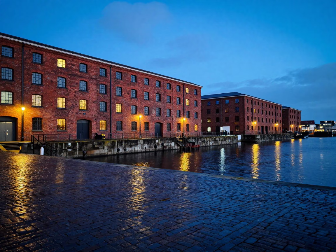Liverpool waterfront at dusk with red brick warehouses and dark blue evening sky in in Liverpool, United Kingdom