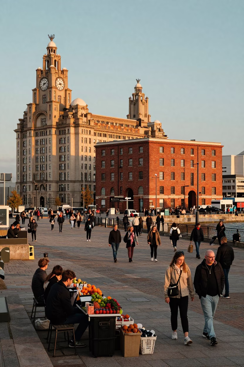 Liverpool waterfront at golden hour with bustling street scene and historic architecture in in Liverpool, United Kingdom