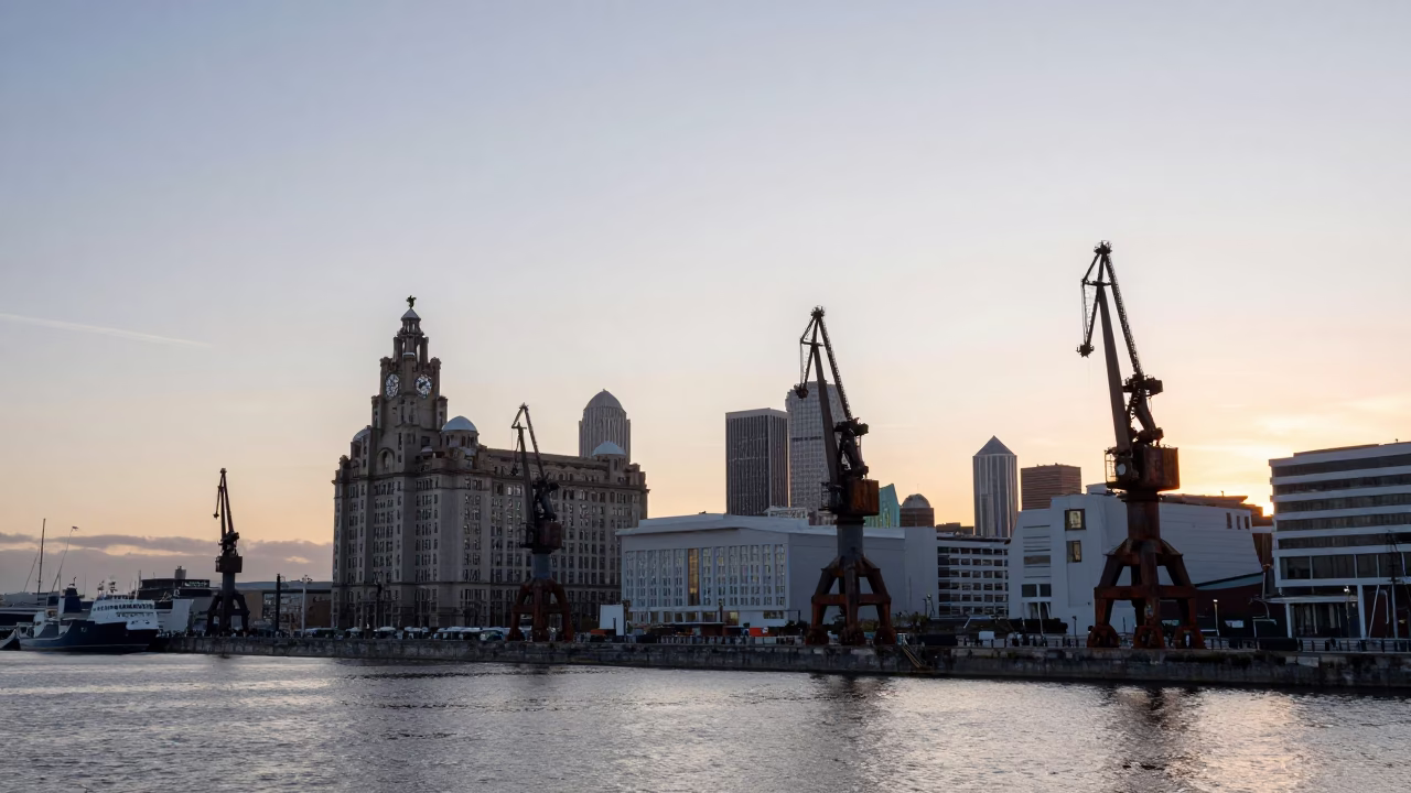 Liverpool waterfront at nautical dawn with historic dock cranes and calm sea in in Liverpool, United Kingdom
