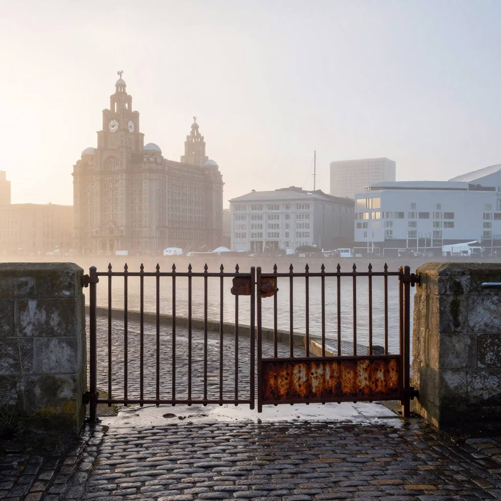 Liverpool Waterfront at Nautical Dawn with Rusty Gate and Climbing Jasmine in in Liverpool, United Kingdom