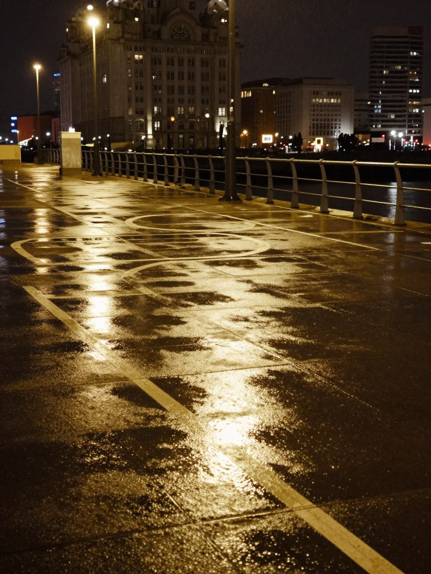 Liverpool waterfront at night with wet dock markings and distant city skyline in in Liverpool, United Kingdom