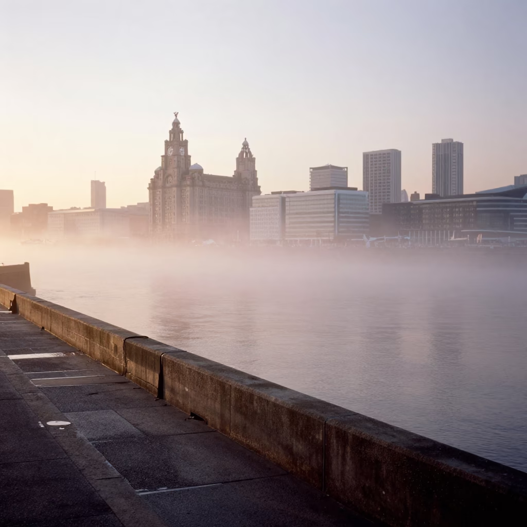 Liverpool Waterfront Dawn Sea Fog Breakwater and City Skyline in in Liverpool, United Kingdom
