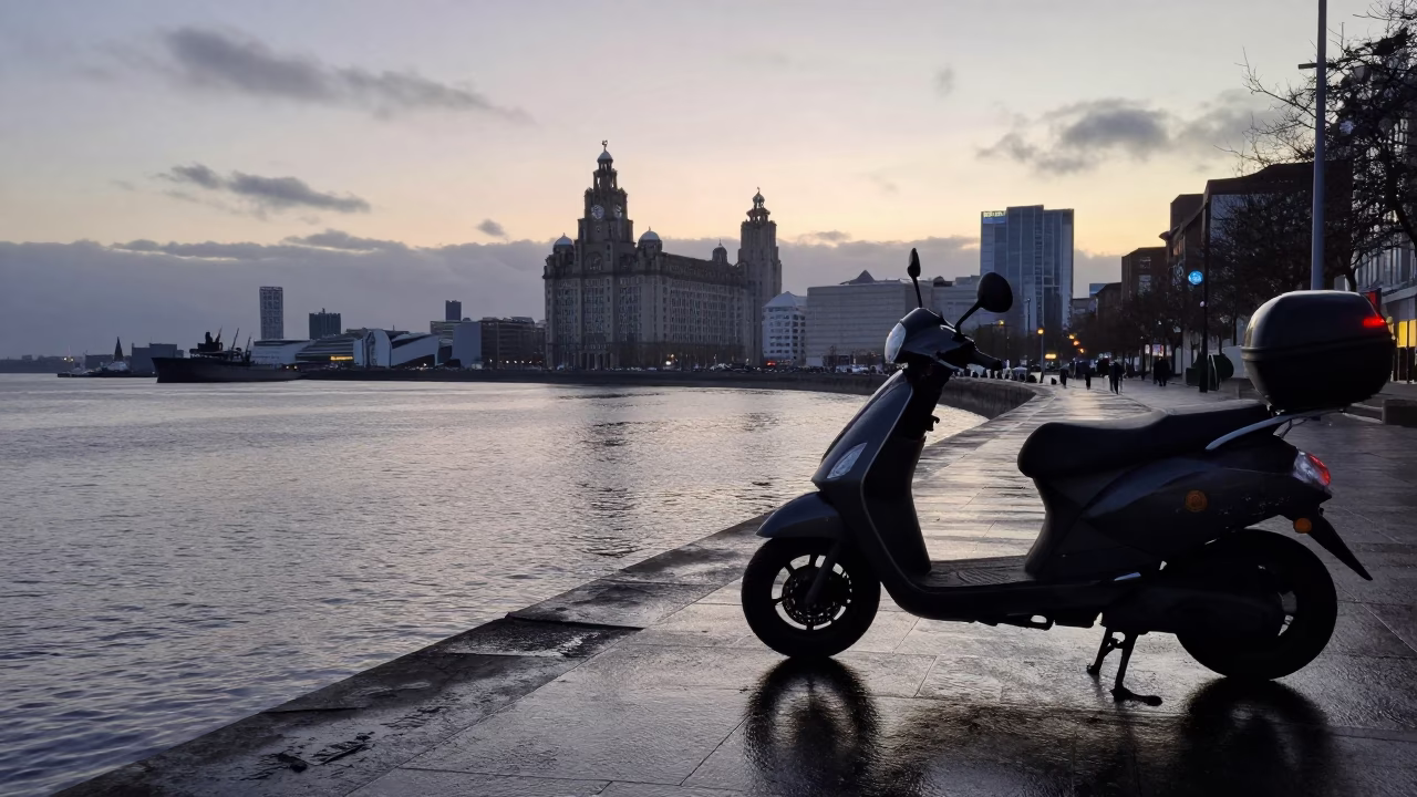 Liverpool waterfront dawn street scene with parked scooter and harbor promenade in in Liverpool, United Kingdom