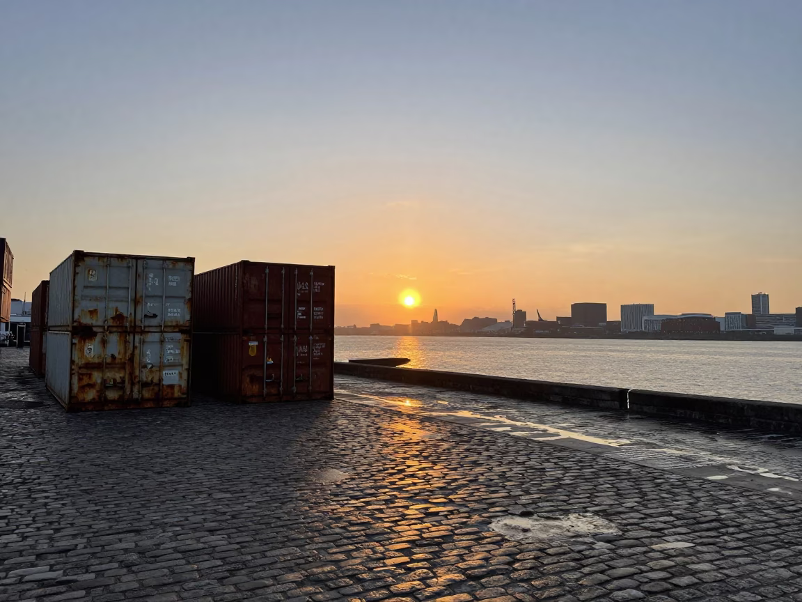 Liverpool Waterfront Docks at Sunset with Rusty Shipping Containers and Distant Crane Silhouettes in in Liverpool, United Kingdom