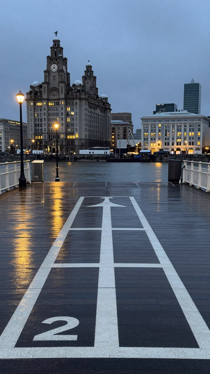 Liverpool waterfront evening with drawbridge deck markings and harbor reflections under city lights in in Liverpool, United Kingdom