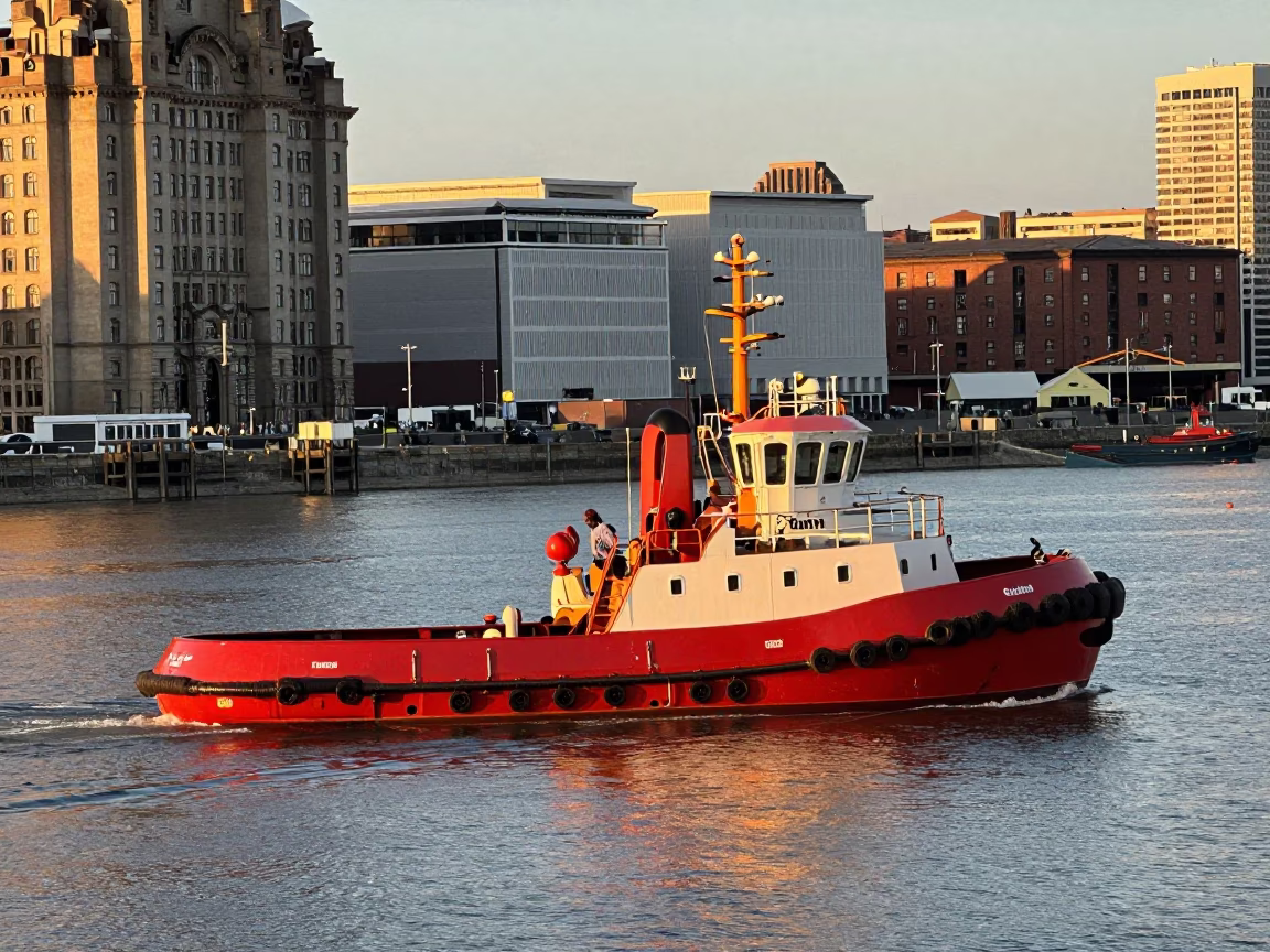 Liverpool waterfront evening with tugboat and harbor activity in honeyed light in in Liverpool, United Kingdom