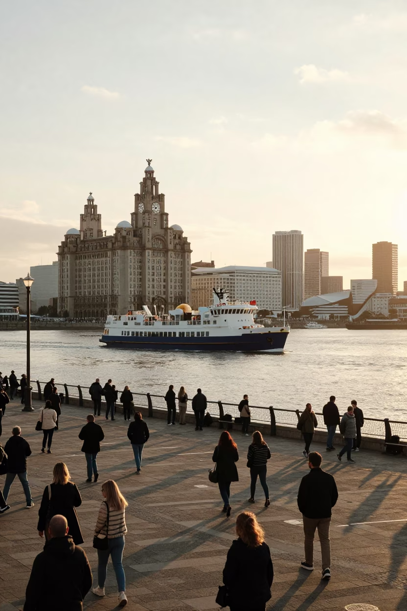 Liverpool waterfront golden hour ferry approaching with bustling street life and string lights in in Liverpool, United Kingdom
