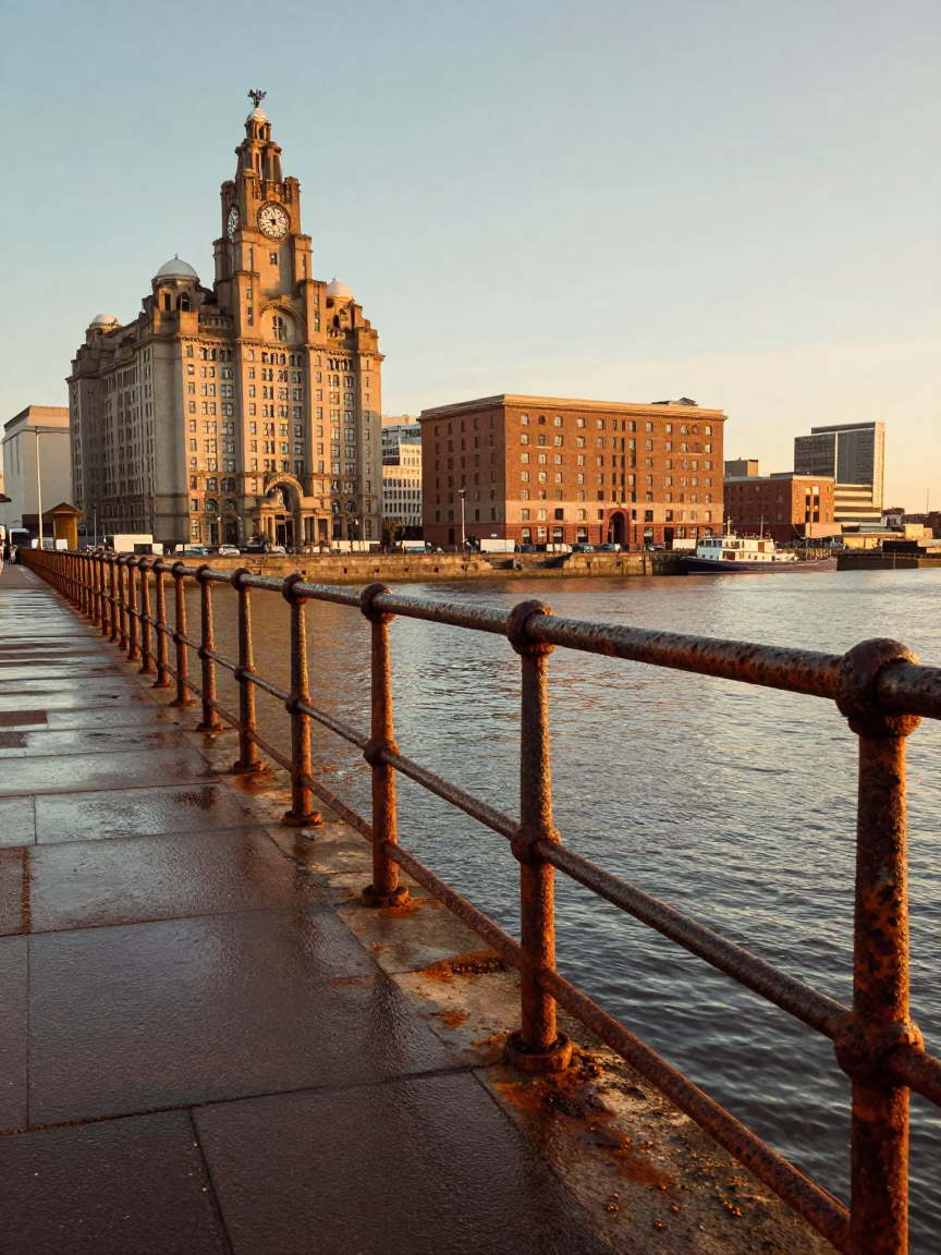 Liverpool waterfront golden hour scene with rusted railings and historic architecture in in Liverpool, United Kingdom