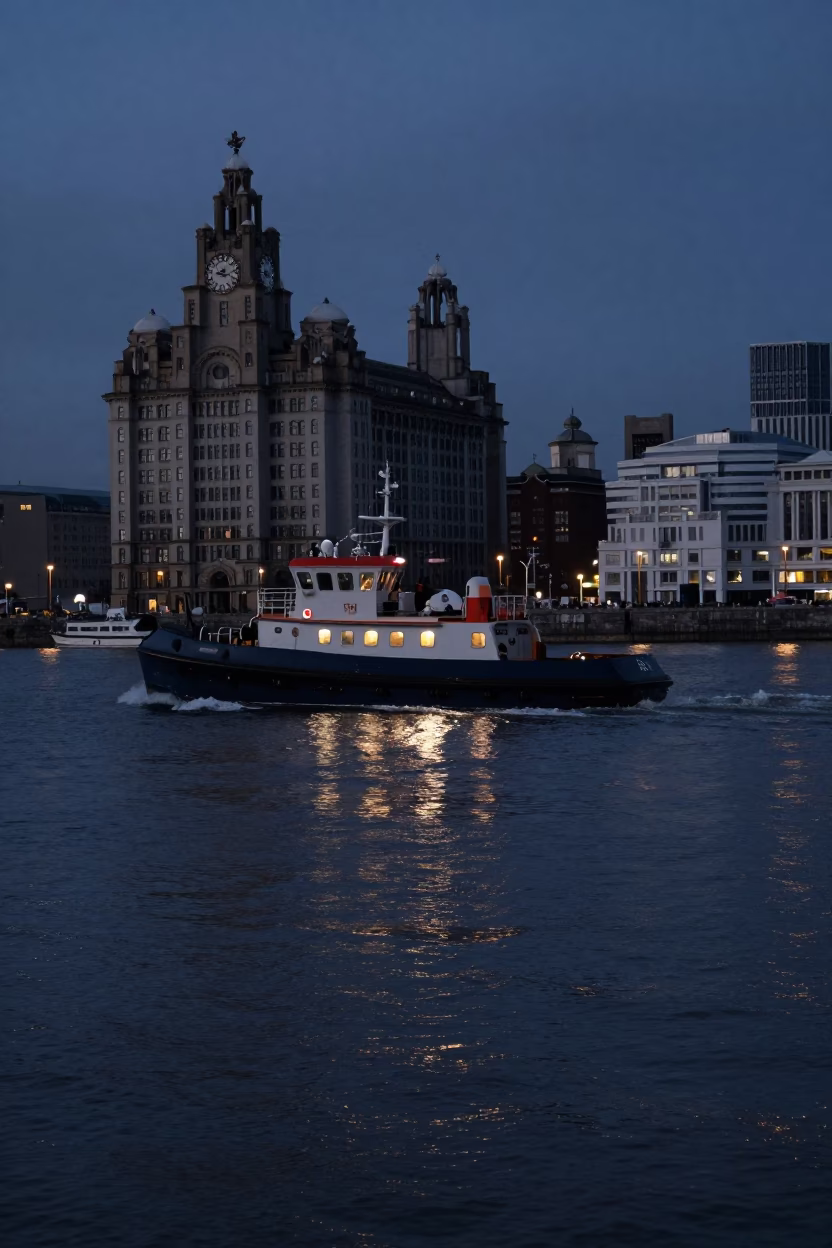 Liverpool Waterfront Predawn Harbor Scene with Pilot Boat and Tanker Ship at Dock in in Liverpool, United Kingdom
