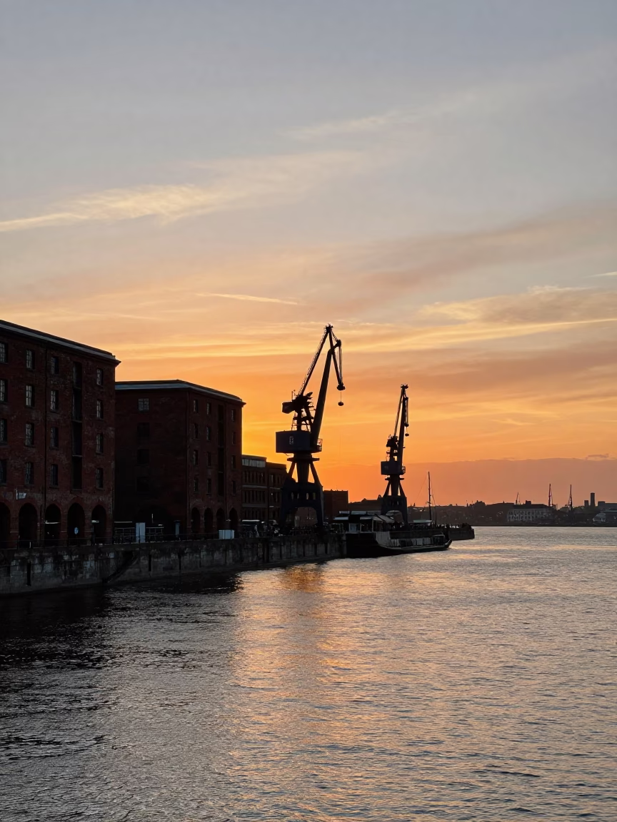 Liverpool waterfront sunset view of historic dock cranes and red brick warehouse architecture in in Liverpool, United Kingdom