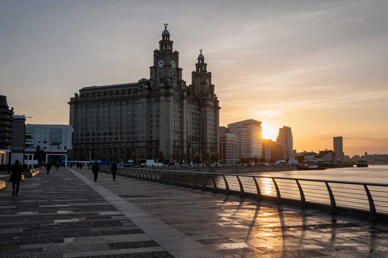 Liverpool Waterfront Sunset View of Historic Docks and Modern Skyline in in Liverpool, United Kingdom