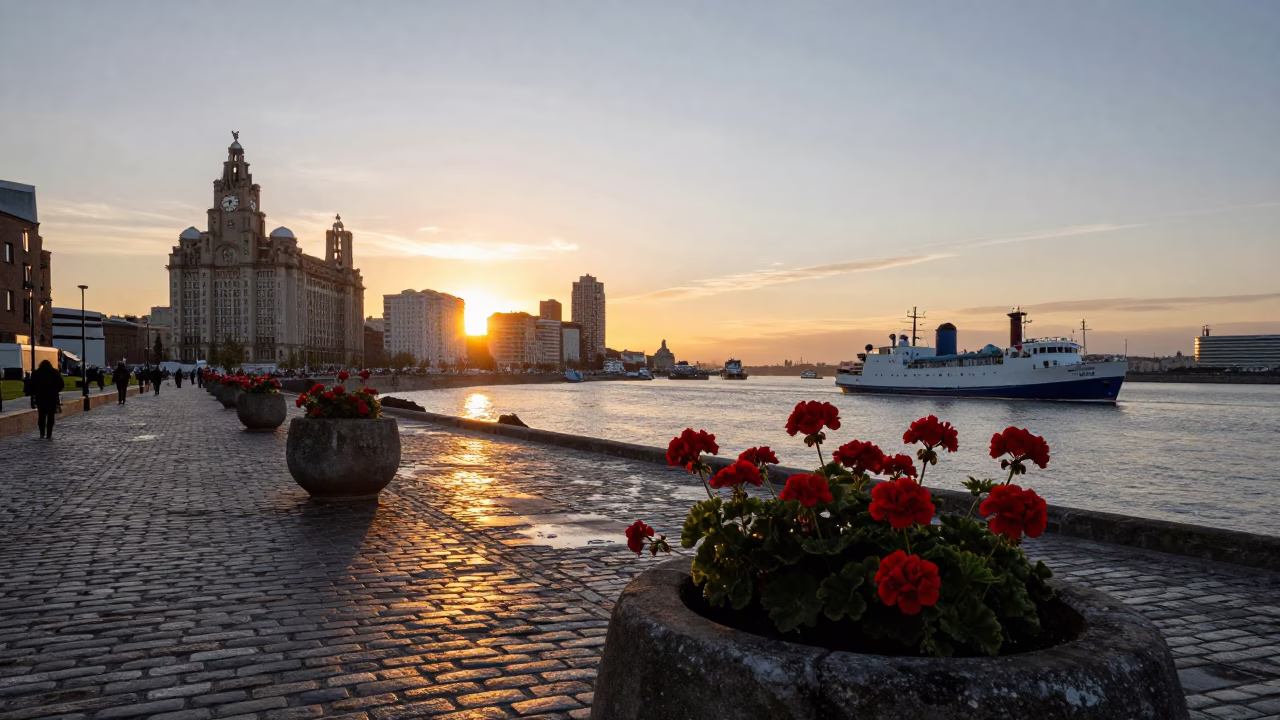 Liverpool Waterfront Sunset with Geraniums and Container Ship Approaching Port in in Liverpool, United Kingdom
