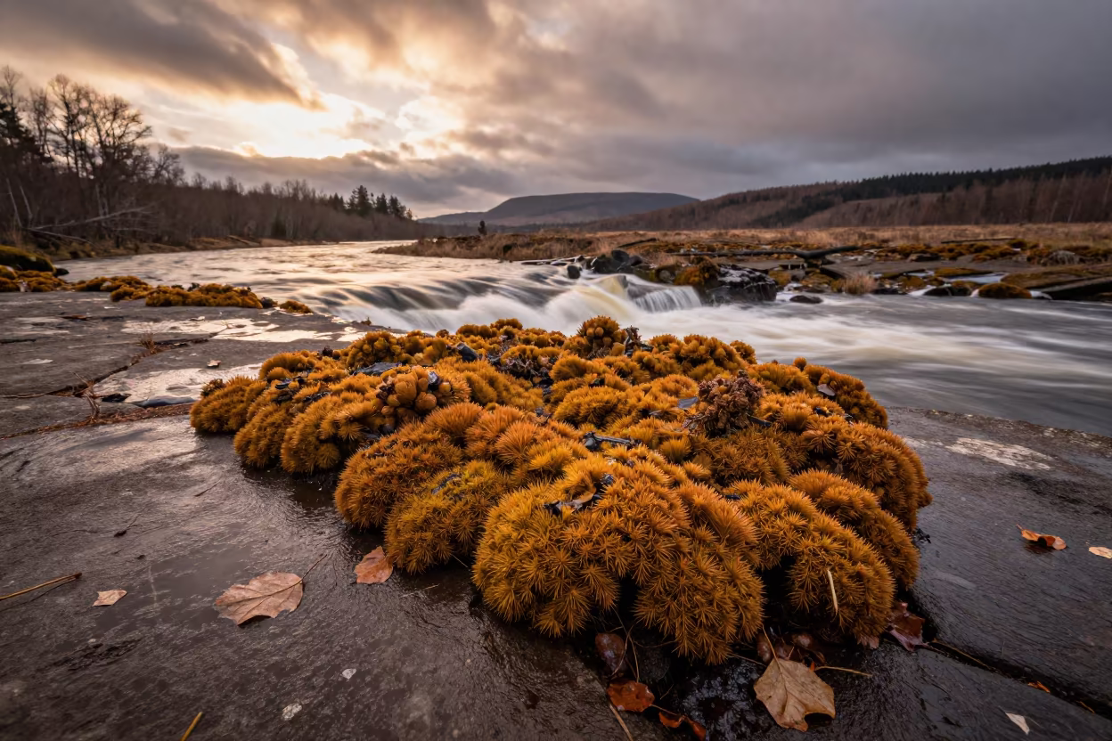 Liverwort Colony on Wet Stone Near Waterfall in across a floodplain after rain near Quito