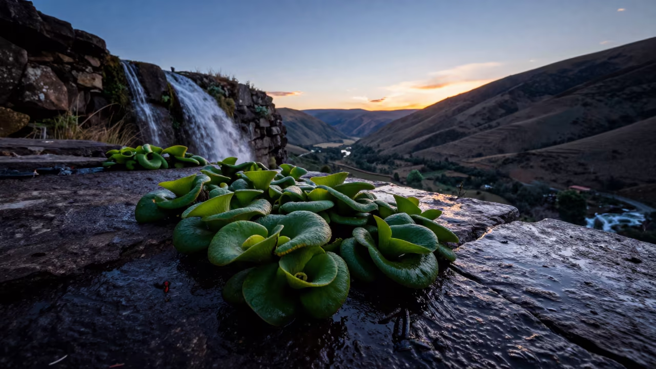 Liverwort on Wet Stone by Waterfall at Sunset in across a wide valley floor near San Pedro, La Paz