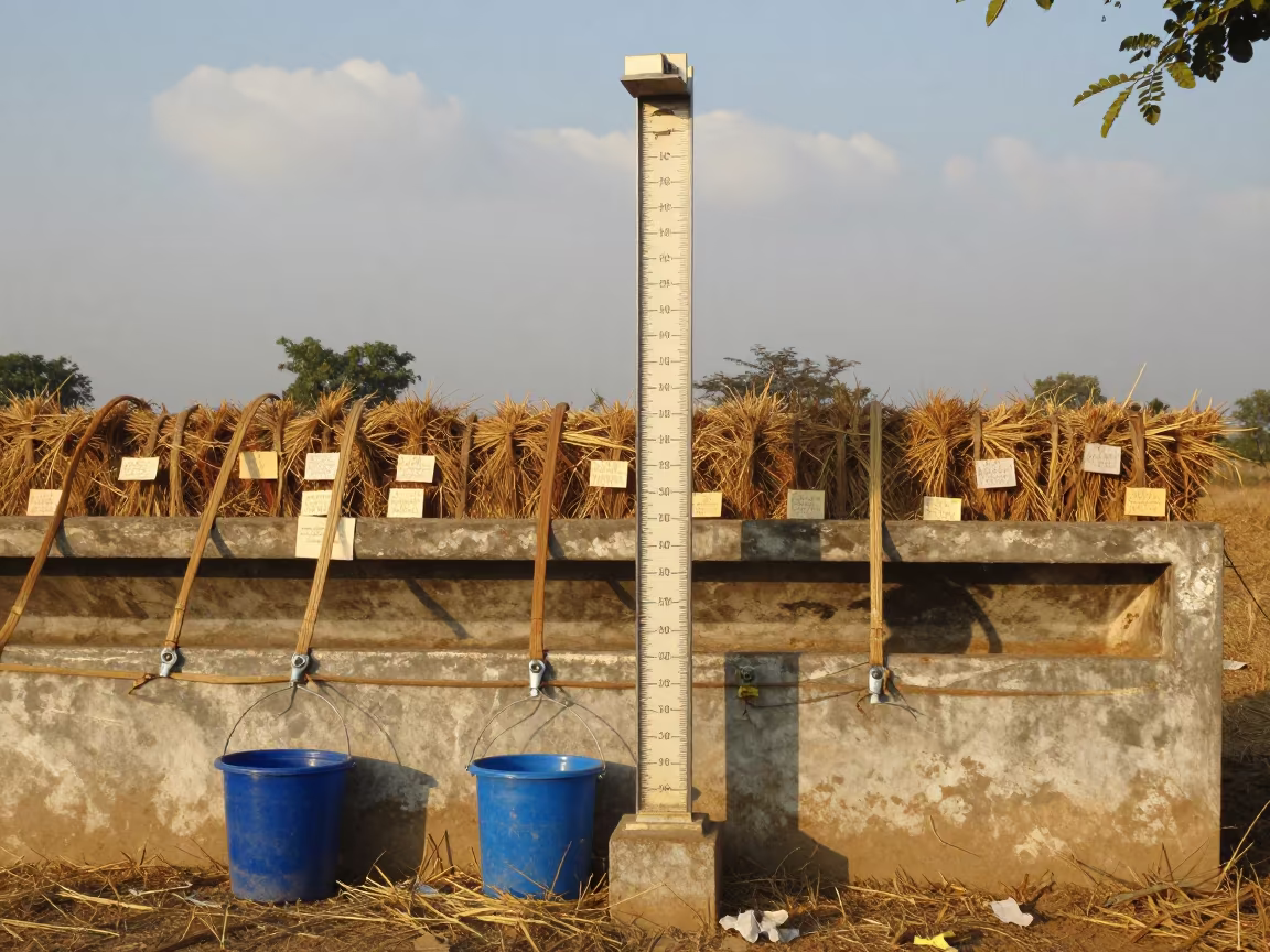 Livestock Height Gauge in Bihar Autumn Light in near a windbreak and water trough in Bihar