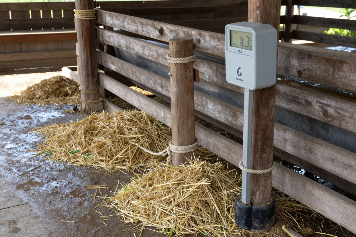 Livestock Scale Indicator in Lombardy Barn in near a windbreak and water trough in Lombardy