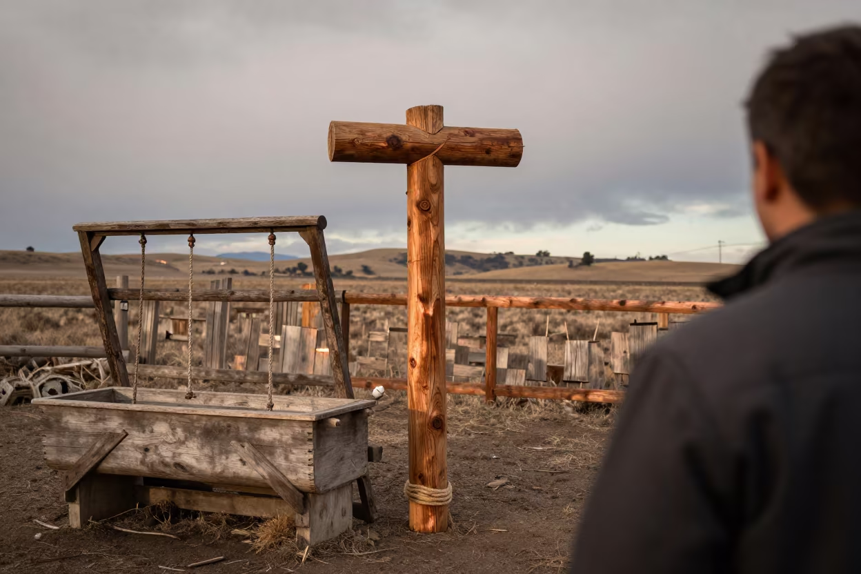 Livestock Scale Indicator Stand in Golden Hour Barn in near a windbreak and water trough in California