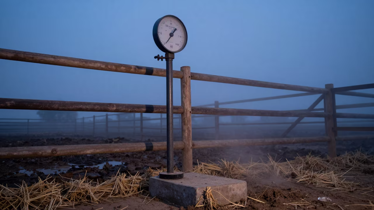 Livestock Scale in Nile Delta Twilight Mist in along a muddy paddock fence in the Nile Delta