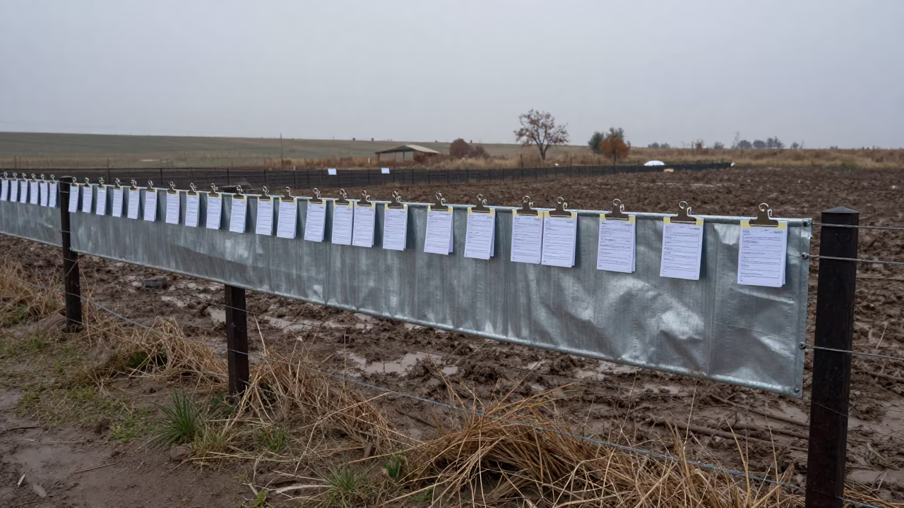 Livestock Ticket Clip Galvanized Steel Autumn Barn in along a muddy paddock fence in Turkey