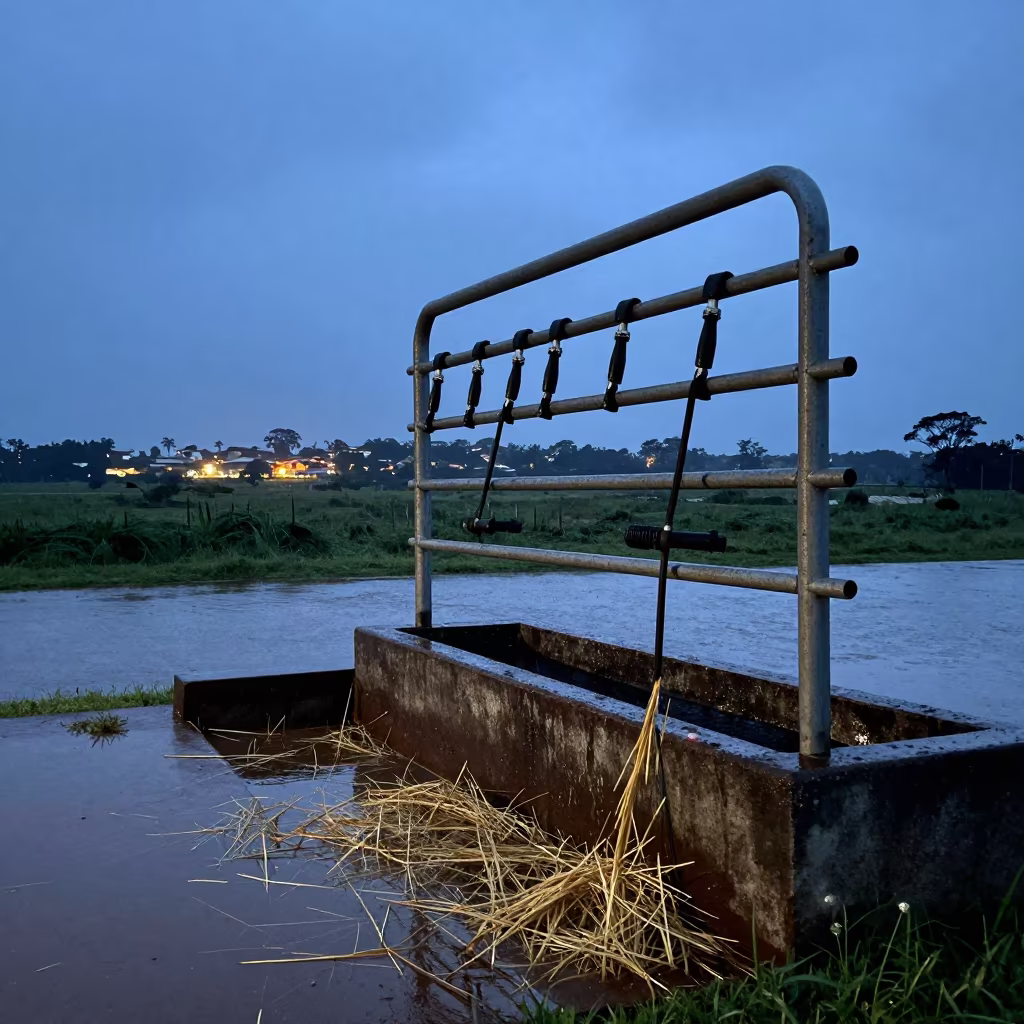Livestock Trailer Nozzle Rack Silhouette Blue Hour Brazil in near a windbreak and water trough in Brazil