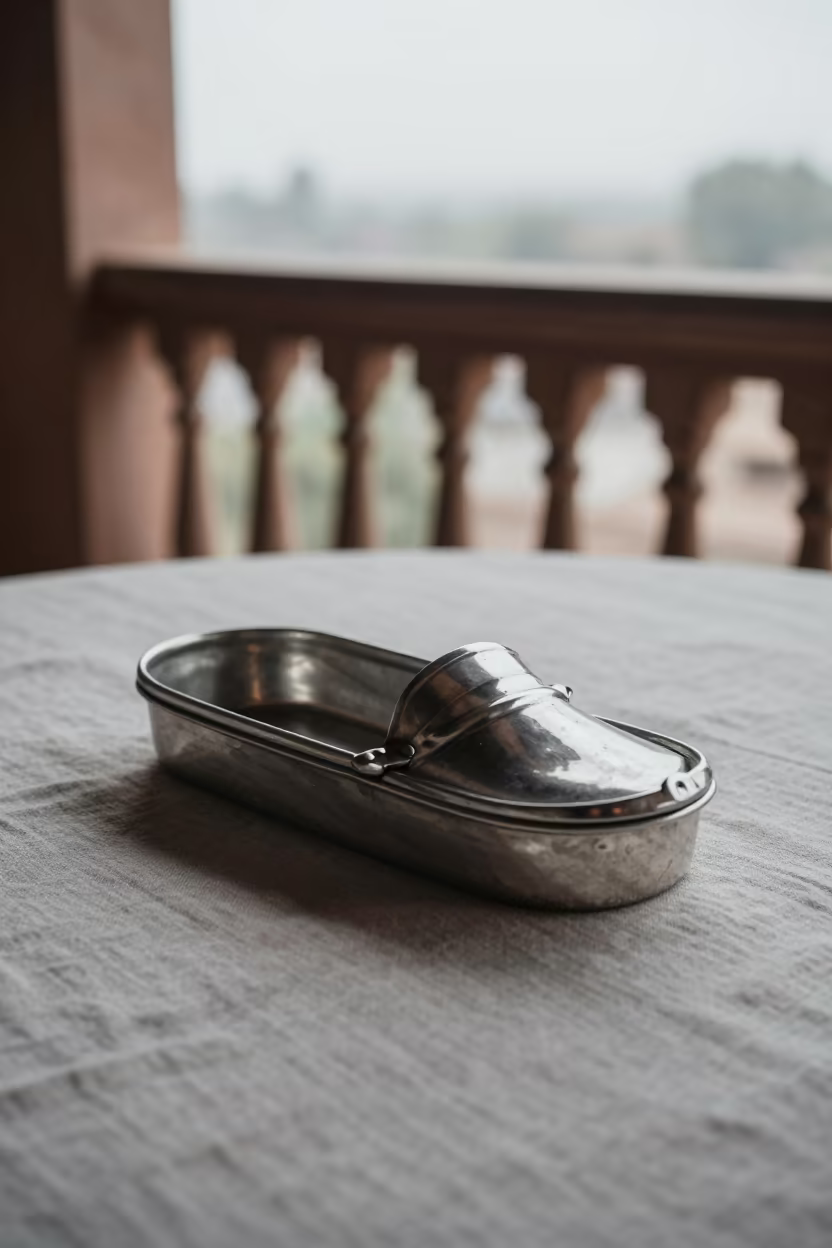 Loaf Pan on Linen Table Noon Light in on a pier railing in Ahmedabad