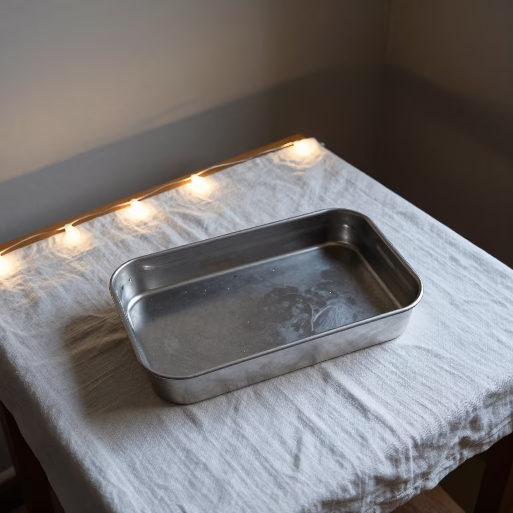 Loaf Pan on Linen Table Under String Lights in on a hotel dresser in Eskişehir