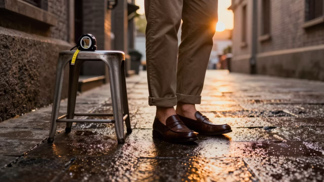 Loafers and Tape Measure on Fitting Stool in Chongqing in in a stone lane between old facades in Chongqing