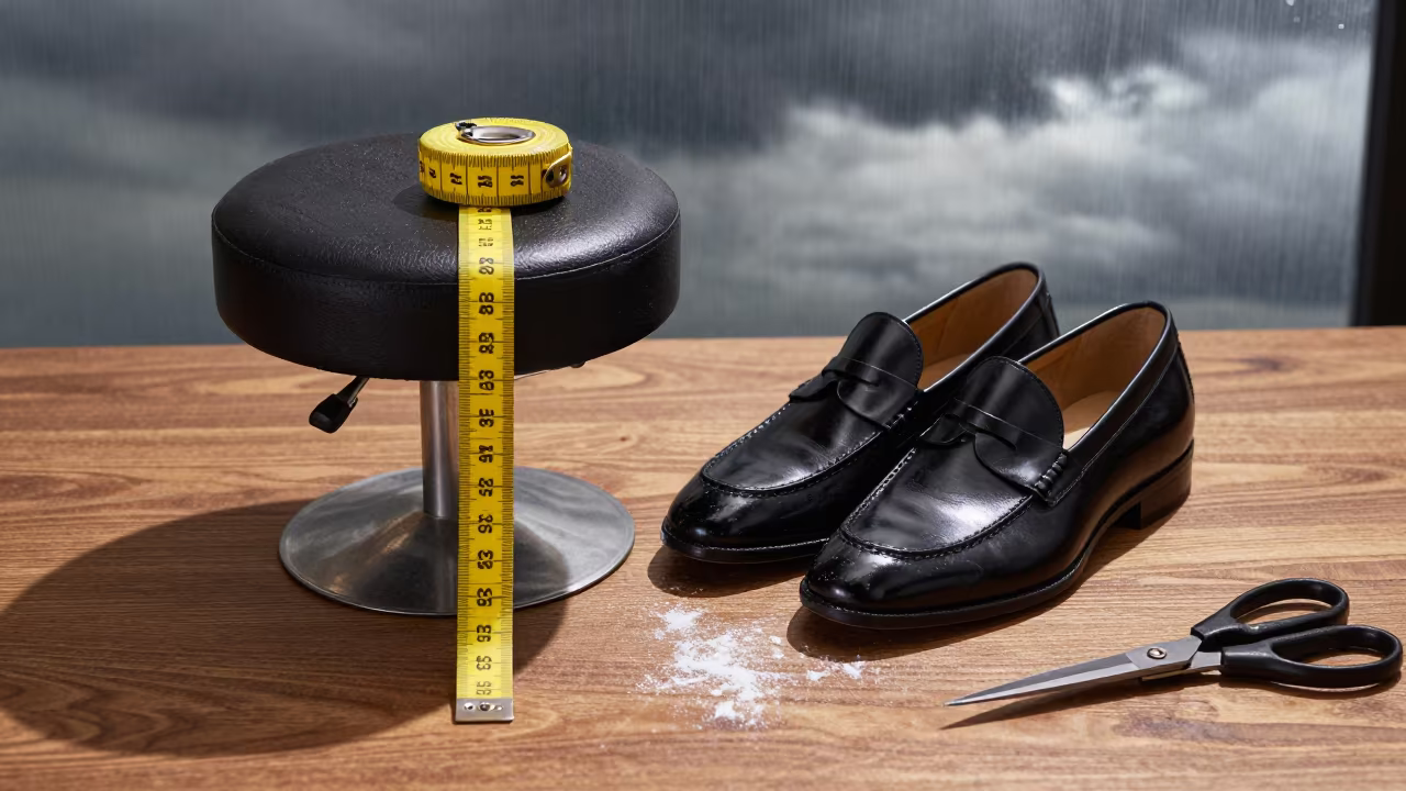 Loafers Tape Measure on Tailoring Table in at a tailoring table strewn with chalk and shears near Retalhuleu