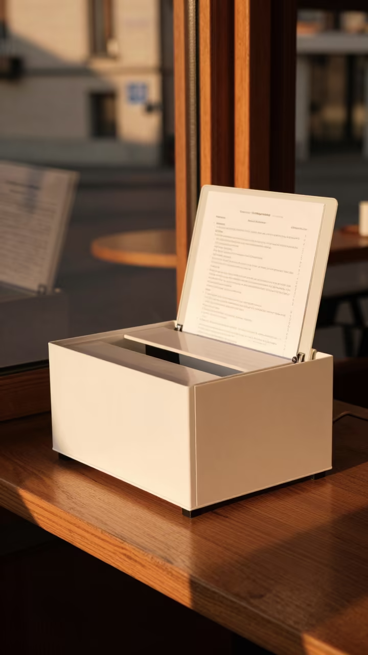 Loaner Device Cabinet Sunset Cafe Table in on a cafe table by a window near Lugano